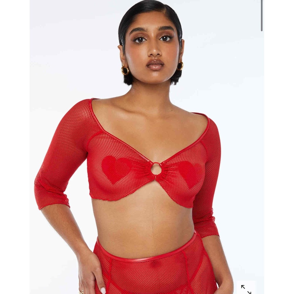 NWT Savage X Fenty Red Mesh Fishnet Crop Keyhole Sleeves